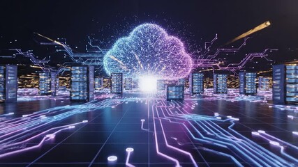 Cloud Computing Data Center Visualization - This video depicts a digital representation of a data center with server racks and a cloud icon made of particles, showcasing the concept of cloud - Powered by Adobe