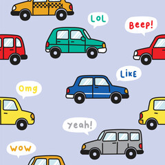 Naklejka premium Playful Cartoon Cars with Speech Bubbles Background