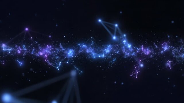 Glowing network connections in a starry night sky with purple and blue nodes and lines on a dark background with a shallow depth of field.