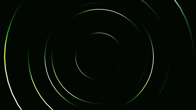 Green neon glowing concentric circles rotating on black background loop
