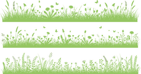 Naklejka premium Green grass border silhouette set with wildflowers butterflies meadow nature spring summer landscape decorative vector illustration design elements background isolated