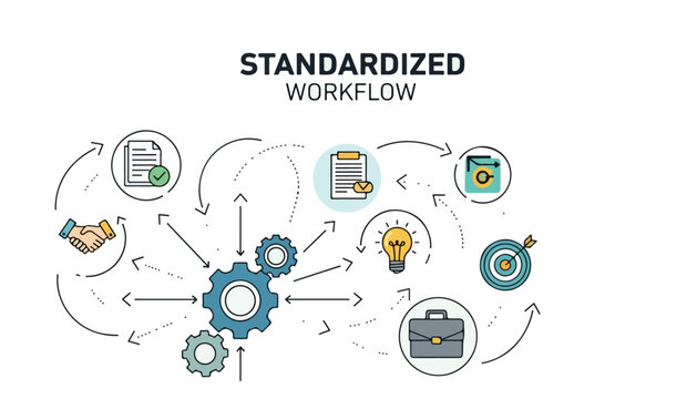 A visual representation of a standardized workflow process with interconnected business and idea icons illustrating efficiency and organization.