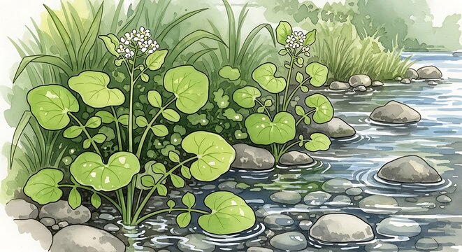 Serene Water Lilies in Pond Ecosystem.