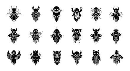 Dynamic sci-fi character emblems and icons blending futuristic technology with mythical creature designs for branding and gaming © nur