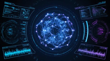 Neon-lit digital interface with a central network visualization and surrounding data waveforms on a dark background. - Powered by Adobe