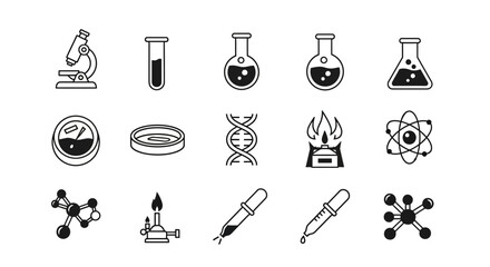 Discover scientific innovation with this collection of modern icons featuring microscopes, beakers, DNA, and molecular structures for cutting edge research and discovery projects.