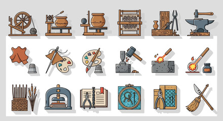 Diverse artisanal crafts and tools depicted with vibrant, clean lines showcasing traditional skills and creative processes