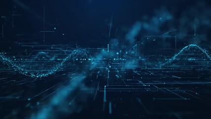 Abstract digital background with glowing blue lines and dots on a dark grid pattern with a futuristic and technological mood. - Powered by Adobe