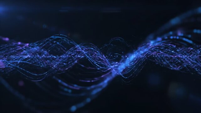 Glowing blue and purple fiber optic strands intersecting in a dark background with a wavy pattern and bokeh effect.