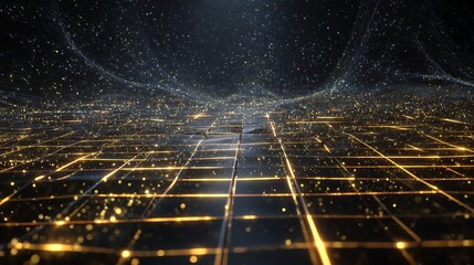 Abstract digital network grid with glowing lights and starry sky