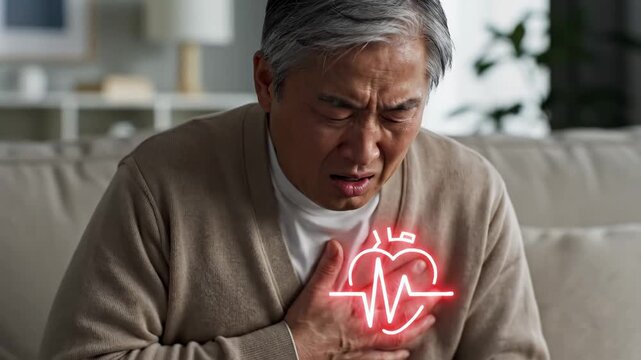 Senior Man Experiencing Heart Attack - An elderly Asian man clutches his chest in apparent distress, suggesting a heart attack or angina.