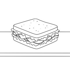 A square sandwich drawing that is composed of bread, lettuce, tomato and cheese in black and white