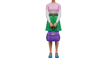 Woman in Pink Shirt, Green Shorts, and Purple Handbag