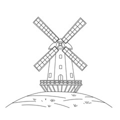 A sketch of a windmill with four blades, windows, and a door on a white background