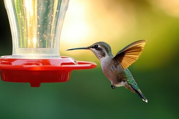 Fototapeta premium Sunlit hummingbird hovering at a red feeder, wings outstretched and poised to sip nectar in a serene backlit moment