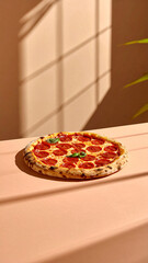 Pepperoni pizza with sharp shadows