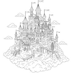 Fantasy castle illustration with turrets, flags, bridges, staircases and clouds