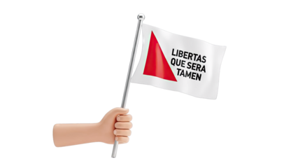 3D Render of a Hand Holding a Flag with 'Libertas Que Sera Tamen' Text