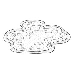 A stylized, monochrome image depicts water within an outline of shore with abstract patterns