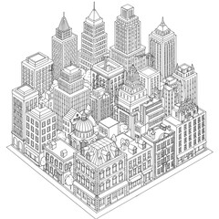 Isometric city view showcases tall, detailed skyscrapers and smaller buildings in black and white
