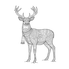 Intricate deer line art with a scarf, ready for coloring