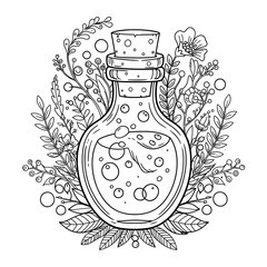 Botanical Potion A potion bottle with cork stopper is surrounded by plants and bubbles