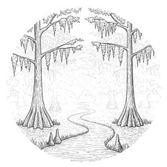 Dense forest with tall trees, mossy growth, & winding stream in a black and white sketch