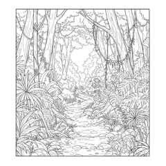 A tropical rainforest scenery with various trees and plants, creating a vibrant ecosystem