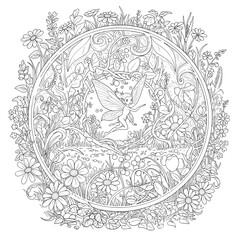 Fairy surrounded by flowers in circle frame