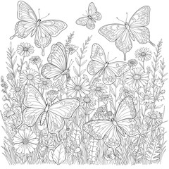 Butterflies and blooms, line drawing of floral scene with flying butterflies