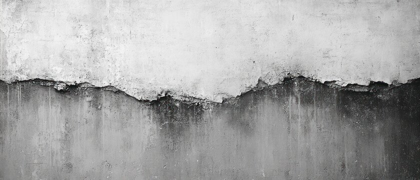 Grayscale close-up of a weathered exterior wall with peeling plaster and a jagged torn edge revealing darker concrete below, stains and water streaks conveying decay and somber abandonment