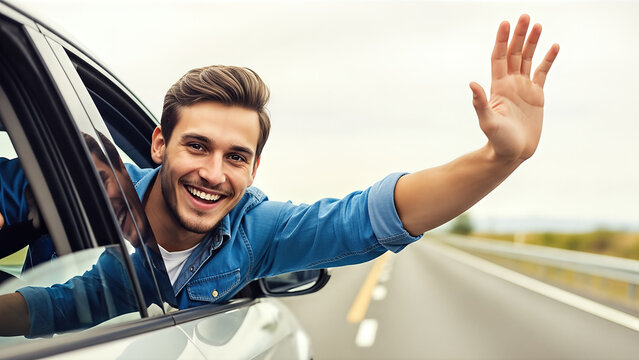 Young man with short hair, wearing denim shirt, is smiling and waving from car window on open road, showcasing a sense of freedom and adventure in travel