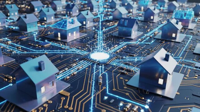 Connected Smart Homes Network - An abstract video shows small house models arranged on a large computer circuit board.