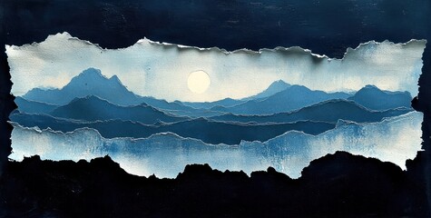 Fototapeta premium Torn paper art depicting layered blue mountains with a pale sun glowing softly in the cloudy sky over a misty landscape