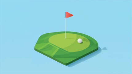 Isometric illustration of a golf green with a red flag and a white golf ball on a light blue background.