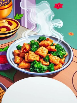 Crispy pork and kale stir-fry in a vibrant Thai restaurant menu illustration ,  stir fry,  pad kana moo krob