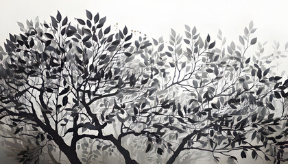 Elegant black silhouette of tree branches and leaves, botanical illustration