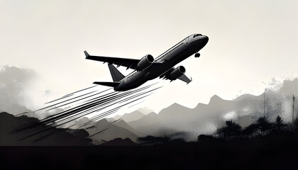 ilhouette of airplane flying upward, travel and aviation concept, black on white