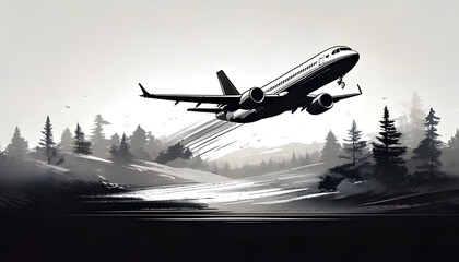 ilhouette of airplane flying upward, travel and aviation concept, black on white