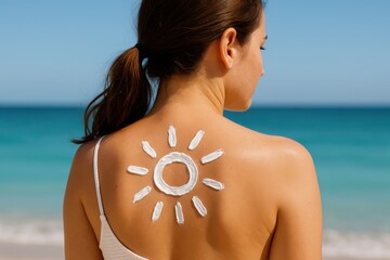 Sunscreen Design on Back: A serene individual showcases the playful application of sunscreen in the shape of a sun on their bare back, the bright coastal background reflecting protection and care