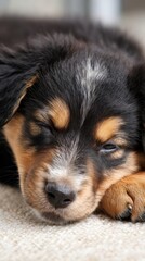 baby puppy resting quietly, uncluttered background, vertical ad safe
