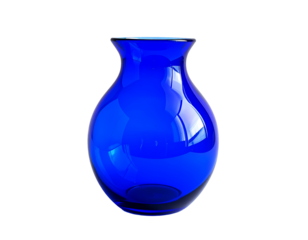 An isolated transparent bright cobalt blue glass vase is displayed against a transparent background