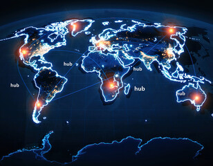 A glowing blue digital world map illustrating global network hubs and interconnected data flow across continents.