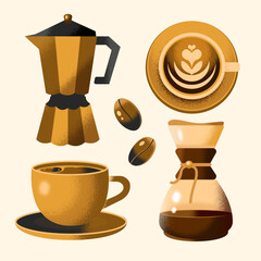 Vintage grainy texture  coffee illustration set with moka pot, latte art, and chemex.