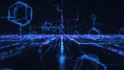 Futuristic network visualization with glowing blue lines and geometric shapes on a dark background with a sense of depth and technology - Powered by Adobe