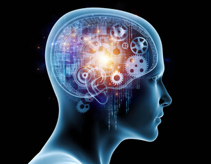 A glowing, translucent human head in profile, revealing intricate gears, circuits, and binary code within the brain, symbolizing intelligence and technology.