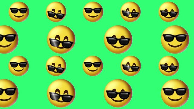sunglasses 3d emoji with attitude face showing on green screen.	