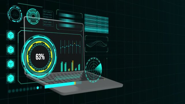 Perspective view of a laptop displaying advanced security monitoring tools with circular data gauges and scan indicators.
