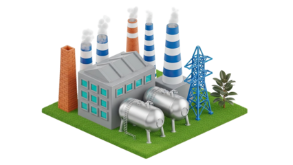 3D Rendering of an Industrial Power Plant with Smokestacks