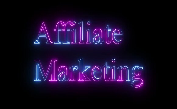 Neon affiliate marketing icon glows with animated text, links, and arrows, symbolizing partnerships, commissions, tracking, growth, influence, performance, and scalable digital revenue worldwide .